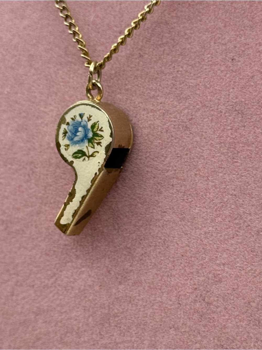 Vintage Floral Enamel Whistle Pendant Necklace - Gold Tone - Picture 3 of 4